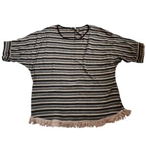 Black N White Womens Dolman Sweater Size 2XL Striped Fringe Short Sleeve